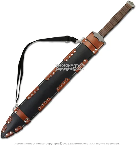Vista 4 de Munetoshi 36" machete de doble filo espada corta manganeso acero batalla listo para la batalla funda de cuero