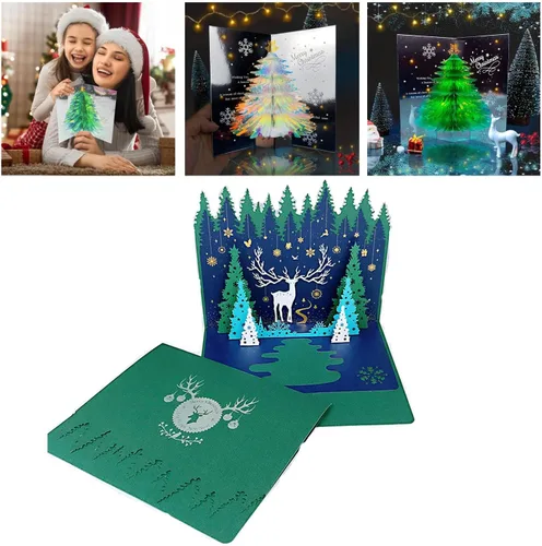 Vista 7 de Tarjeta desplegable 3D única de árbol de Navidad, tarjeta de felicitación con purpurina para árbol de Navidad, tarjeta tridimensional de cristal