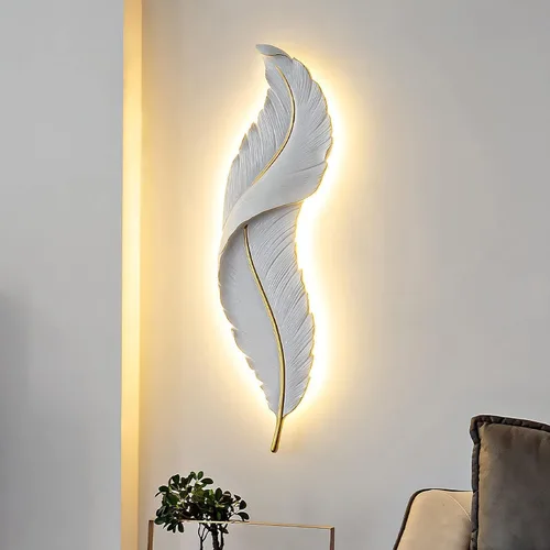 Vista 3 de DJAMEL : Aplique de pared creativo, luz de pared decorativa de plumas de resina blanca, lámpara LED para interiores, sala de estar, dormitorio