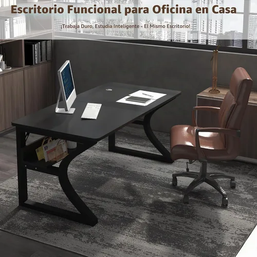 Vista 6 de StarGraph Escritorio para computadora, 47 y 55 pulgadas, parte superior de MDF con patas de metal en forma de U, estilo moderno, rectangular