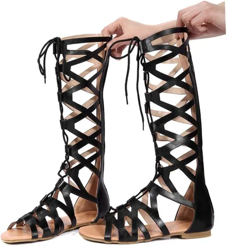 Vista 3 de Aniywn Sandalias para mujer, sandalias de gladiador altas hasta el muslo, sandalias planas con cordones y puntera abierta, sandalias con tiras hasta