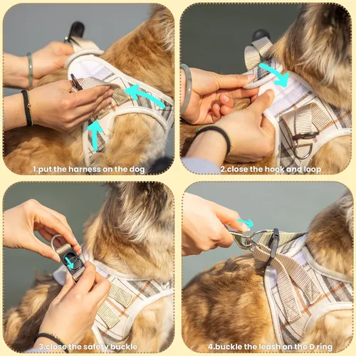 Vista 7 de Arnés para perros pequeños – Juego de arnés y correa para perro sin tirones – Arnés reflectante ajustable de malla suave de cuerpo completo