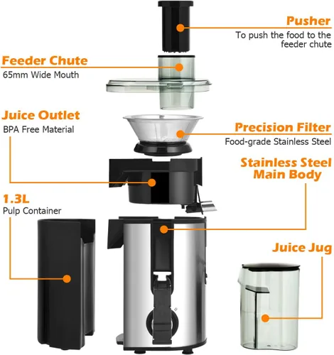Vista 3 de COSTWAY Máquinas exprimidoras con boca de 2.5 pulgadas de ancho, extractor de exprimidor de 400 W con control de doble velocidad y protección contra