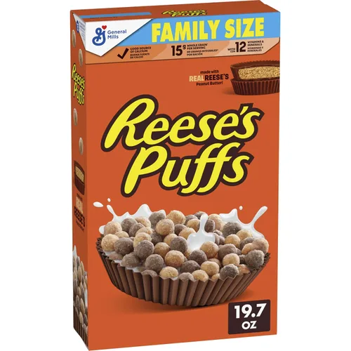 Vista 10 de REESE'S PUFFS Cereal para el desayuno, cereal de mantequilla de maní con chocolate, 11.5 onzas Made with Real Reese's Peanut Butter, 15g Whole