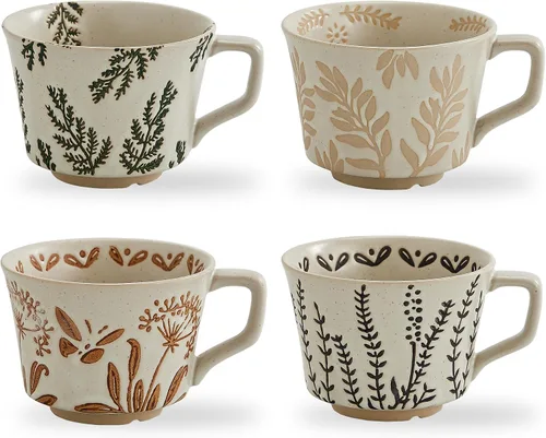 Vista 11 de Juego de 4 tazas de café de cerámica vintage de 12 onzas - Hechas a mano de gres cerámico de campo, estilo granja, para té de otoño con gran asa
