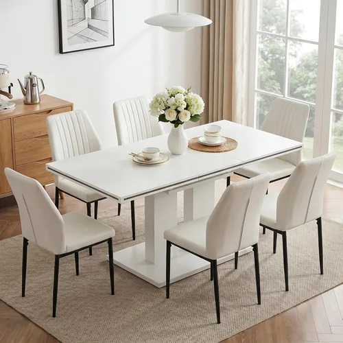 Vista 14 de HIPIHOM Mesa de comedor moderna de 46 pulgadas, mesa de cocina rectangular con acabado de roble, mesa de comedor compacta para 4, construcción
