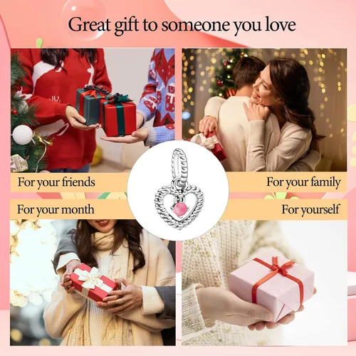 Vista 6 de Dijes de piedra natal de plata de ley 925 con dije de corazón para pulsera, collar, dije de feliz cumpleaños, cuentas colgantes de corazón