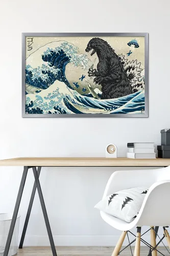 Vista 6 de Trends International Godzilla - Póster de pared Great Wave (34 pulgadas de largo x 22.4 pulgadas, versión enmarcada plateada)