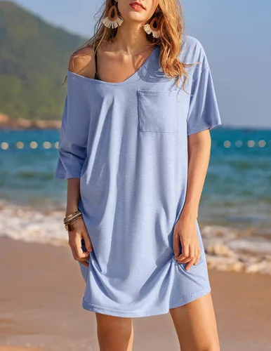 Vista 4 de Ekouaer Camisón de algodón con cuello en V para mujer, cómodo y casual para mujer