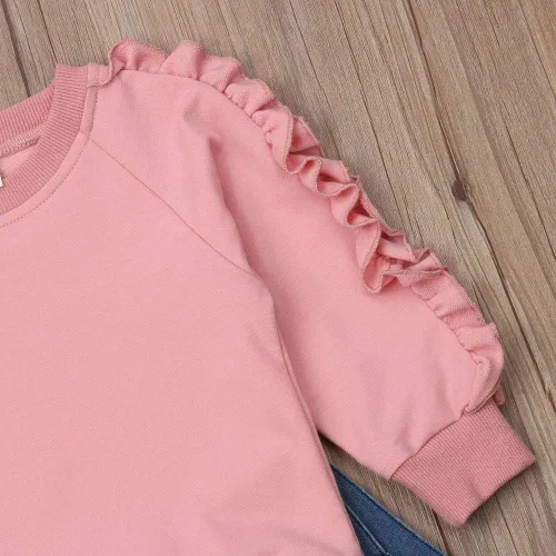 Vista 5 de Sudadera de manga larga con volantes, pantalones de mezclilla, 2 piezas