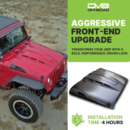 Vista 5 de Campana de dispersión de calor DV8 para Jeep Wrangler JK 2007-2018 de acero estampado Capucha central ventilada para un máximo flujo de aire