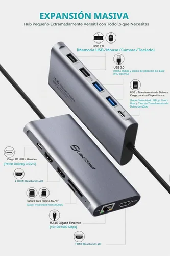 Vista 2 de UtechSmart Hub USB C, adaptador para portátil USB C 12 en 1 Gris