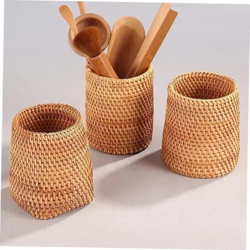 Vista 5 de ABOOFAN Juego de té tejido de ratán de 2 piezas, cesta de almacenamiento, contenedor de pluma, recipiente de té, decoración del hogar, cesta tejida