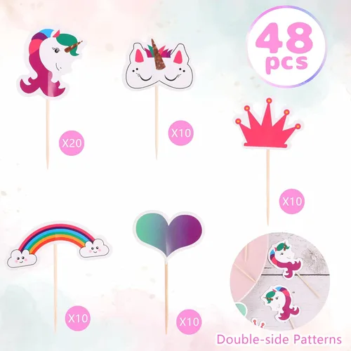 Vista 3 de CCINEE 48 piezas de decoración de unicornio arcoíris para cupcakes de papel de doble cara de unicornio para decoración de postres de fiesta