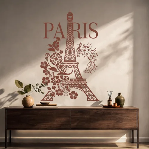 Vista 5 de Vinilo París Torre Eiffel Romántico Notas Musicales Flores Pegatinas Mural Decoración Grande (g4977) Negro