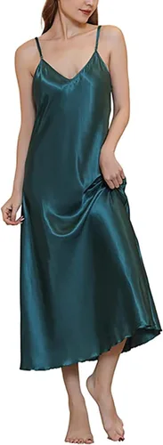 Vista 6 de Camisón de satén para mujer, vestido largo para dormir, camisones de seda con cuello en V Un negro
