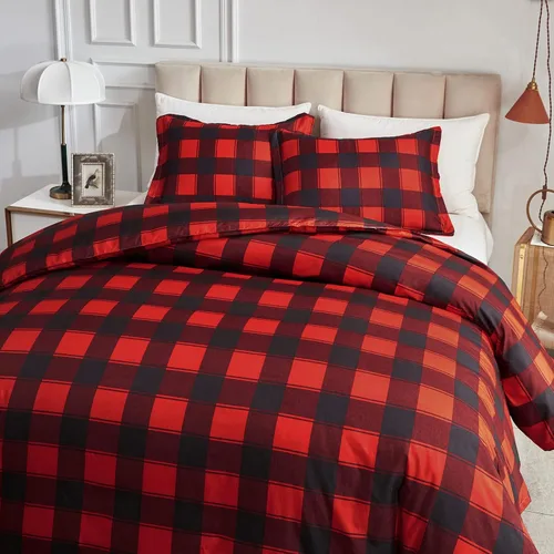 Vista 3 de Joyreap Juego de funda de edredón de 3 piezas de Navidad, diseño de cuadros Buffalo Check Gingham en rojo y negro, microfibra suave y transpirable