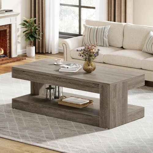 Vista 5 de Tribesigns Mesa de Centro para Sala de Estar, 47.24 Pulgadas Estilo Granja de 2 Niveles Mesa Central de Té y Cóctel con Almacenamiento, Gris
