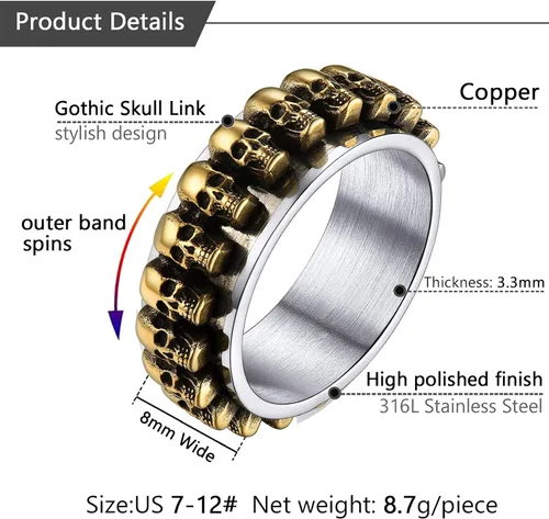 Vista 7 de U7 Skull Ring, Skeleton Ring, Biker Ring for Cocktail Party, Gothic Fashion Rings with Skull, Size 7-14,StainlessBlackGold