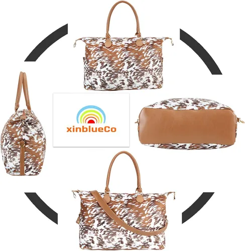 Vista 5 de Bolsa de fin de semana para mujer, bolsa de viaje grande con correa para el hombro, vaca y leopardo