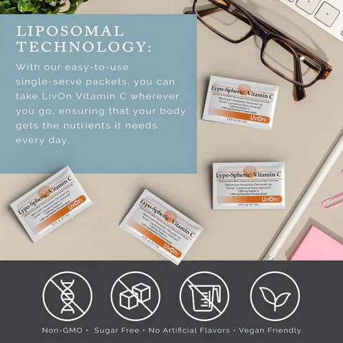 Vista 5 de LivOn Laboratories Lypo–Spheric Liposomal Vitamina C 1000mg 30 paquetes – Sin azúcar, apoyo inmunológico, a base de plantas – Fácil de tragar