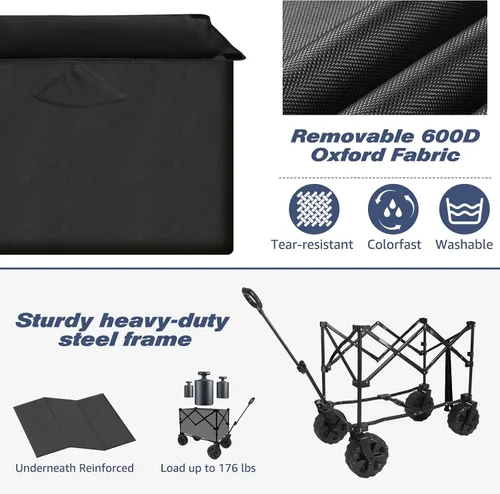 Vista 5 de Chihee Carro plegable de playa, carrito de jardín resistente con 2 portavasos, carrito de campamento para ruedas todo terreno con sistema de Negro