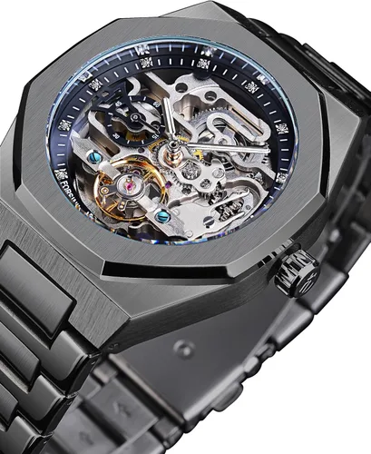 Vista 2 de FORSINING Reloj Vintage para Hombres Grabado Automático de Cuerda Automática Mecánico Esfera Grande Luminosa Fase Lunar Dorado Hueco Patrón de Negro