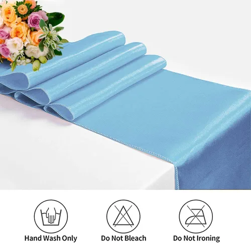Vista 5 de Paquete de 12 caminos de mesa de satén de 12 x 108 pulgadas, color azul bebé, camino de mesa largo de satén para bodas, banquetes, graduaciones