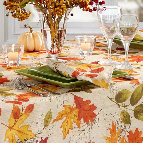 Vista 2 de Elrene Home Fashions - Mantel con estampado de hojas de otoño, resistente a las arrugas, mantel festivo para uso formal o diario, 52 x 52 pulgadas