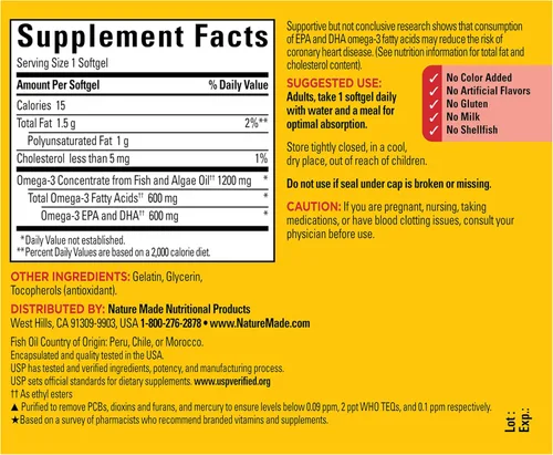 Vista 7 de Nature Made - Suplementos de Aceite de Pescado Omega 3 y Aceite de Algas, 1200 mg, Suplemento de Omega 3 para el Corazón, el Cerebro y los Ojos, Uno