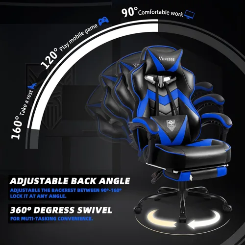 Vista 6 de Vonesse Silla para videojuegos, silla de juegos de respaldo alto con reposapiés y masaje, sillas de juegos para adultos con cojín de resorte