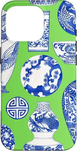 Vista 20 de Blue Willow Chinoiserie Pagoda Ginger Jar Preppy Blue Green Case para iPhone 16