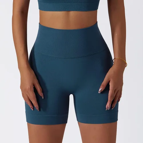 Vista 95 de Conjuntos de entrenamiento para mujer, 2 piezas, sin costuras, acanalada, sin mangas, brasier deportivo, cintura alta, pantalones cortos