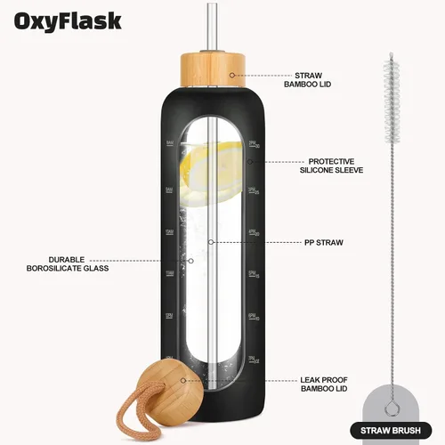 Vista 2 de Botellas de agua de vidrio de 32 onzas, botella de agua motivacional de vidrio con funda de silicona, popote y 2 tapas de bambú, vaso de admisión 1