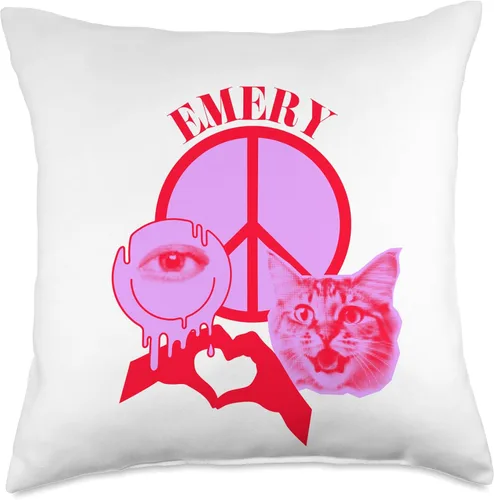 Vista 4 de Emery Name Personalized Peace and Karma Co. Personalized Emery First Name I Love Retro Cat Mom Throw Pillow, 16x16, Multicolor