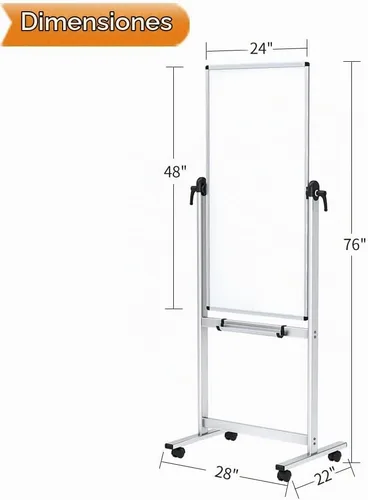 Vista 3 de VIZ-PRO Pizarra magnética móvil de doble cara, 48 x 24 pulgadas, orientación vertical, marco de aluminio y soporte