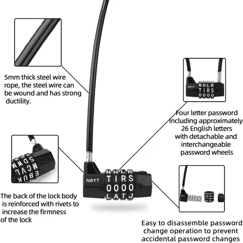 Vista 3 de Cerradura de combinación reiniciable de 4 palabras, cerradura de letra, candado de seguridad para el hogar con cable antirrobo de 0.197 in