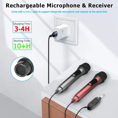 Vista 2 de Aveek Micrófono inalámbrico para karaoke, micrófono recargable de karaoke de 2.4GHz (funciona 10hs), para altavoz, máquina de karaoke, iglesia, gris