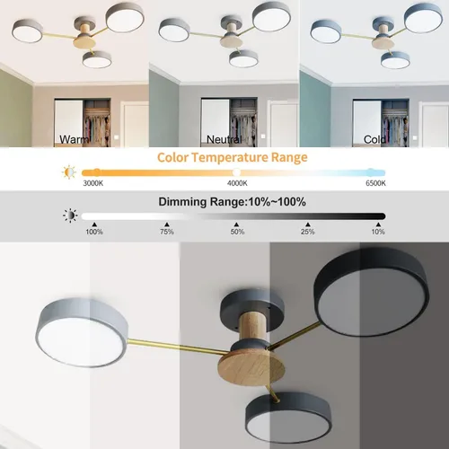 Vista 3 de Lámpara de techo LED de 3 luces, 26 pulgadas, moderna lámpara de techo empotrada de madera de 24 W regulable para sala de estar, dormitorio, cocina