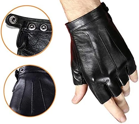 Vista 3 de Guantes de conducción sin dedos, de piel sintética, para deportes al aire libre, guantes de medio dedo para hombres, mujeres y adolescentes