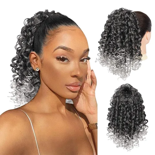 Vista 27 de PEACOCO Extensión de cola de caballo rizada con cordón para mujeres negras - Cola de caballo de 6 pulgadas con clip, postizo sintético de afro corto