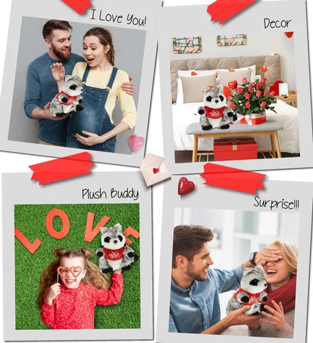 Vista 4 de DolliBu Mapache de peluche con texto en inglés "I Love You", bonito animal de peluche con camisa roja y nombre, regalo personalizado para el día