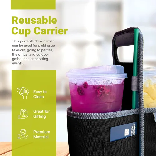 Vista 6 de meori Portabebidas reutilizable para 2 tazas, portador de tazas para llevar, plegable, portador de café con asa para vino, cócteles, organizador