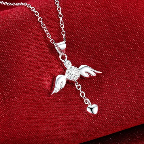 Vista 5 de Cutesmile Fashion Jewelry - Collar con colgante de plata de ley 925 con circonita cúbica, ala de ángel, 18 pulgadas, Plata, Circonia cúbica