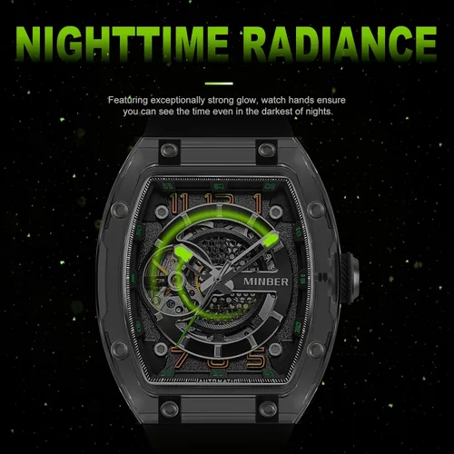 Vista 5 de MINBER Reloj automático de esqueleto, esfera de 1.693 in con manecillas luminosas, reloj de cuerda automática, resistente al agua 3 ATM, plástico