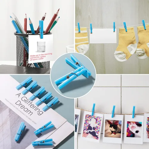 Vista 4 de 50 alfileres azules para juego de baby shower, mini pinzas de plástico premium de 1.4 pulgadas, mini alfileres de ropa reutilizables para fotos