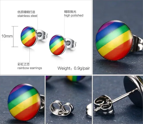 Vista 5 de Pendientes de tuerca de acero inoxidable 316L con orgullo gay lesbiano arco iris, triángulo redondo LGBT, aretes de tuerca de arco iris a la moda