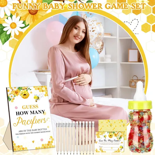Vista 7 de Syhood 472 piezas de juegos de baby shower de abejas Adivina cuántos chupetes signo de juego 50 pequeños juegos de adivinanzas 20 lápices HB botella