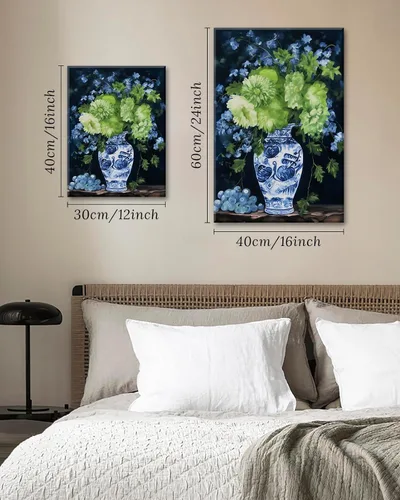 Vista 4 de DJSYLIFE Chinoiserie - Arte de pared – Jarrón de porcelana oriental azul y blanco con acuarela, impresiones florales de hortensias para decoración