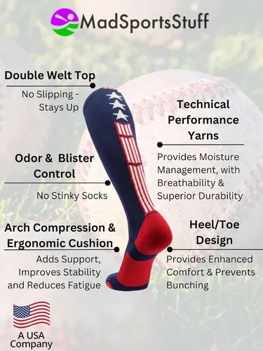 Vista 3 de MadSportsStuff Patriot USA Flag - Calcetines de estrellas y rayas para béisbol, sóftbol, fútbol, niños, niñas, hombres y mujeres, sobre